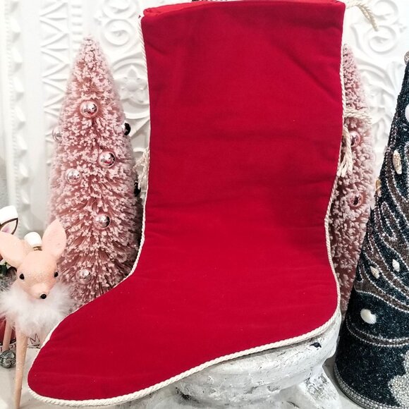 Vintage Needlepoint Santa Sleeping Christmas Stocking Toys Fringe - Red Velvet - Picture 4 of 4